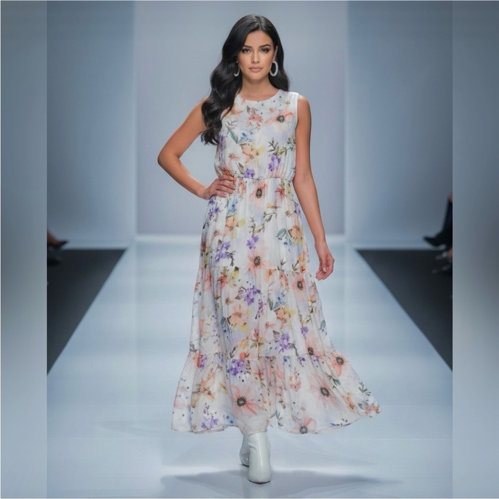 Lara G. Silk Blend Pastel Floral Maxi Dress - Size XL